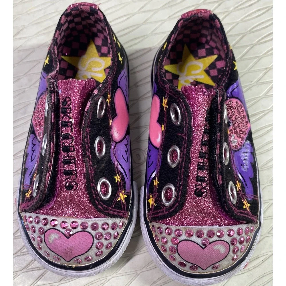 Skechers Little Girls‎ Pink&Purple Hearts&Rhinestone Sneaker Shoes Sz.5
